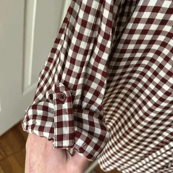 Size M Cosmic Blue Love burnt red checker down blouse - Picture 3 of 7